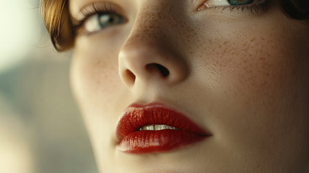 Stunning close-up of a woman's face with beautiful makeup, highlighting her lips and eyes, soft focus and elegant backdrop enhancing her allureの素材