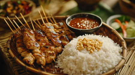 Enjoy a vibrant presentation of grilled chicken skewers served with fragrant rice and savory sauce, perfect for any meal or gathering.の素材