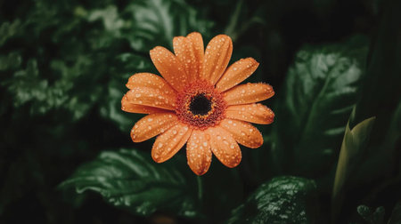A vibrant orange gerbera daisy with water droplets scattered on its petals, surrounded by soft-focus greenery in the backgroundの素材