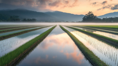 A serene image of rice fields reflecting the soft hues of dawn, with mist rising from the ground, capturing the tranquility of rural morningsの素材