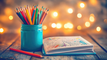 A relaxing scene of a cozy nook with a coloring book and colored pencils, with soft lighting creating an inviting atmosphere for creativityの素材
