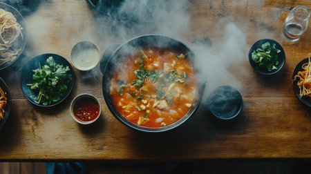 A rustic wooden table set with a steaming bowl of tom yum soup, accompanied by dipping sauces and fresh herbs, creating an inviting dining atmosphereの素材