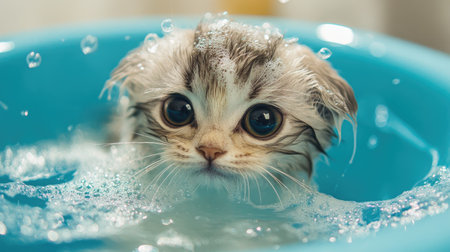 Short-haired cat in a blue basin, wet and shiny fur, tiny soap bubbles clinging to its whiskersの素材