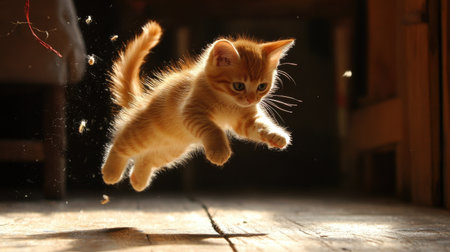 Kitten leaping through the air, paws outstretched, chasing a string, eyes fixed on the target, indoor sceneの素材