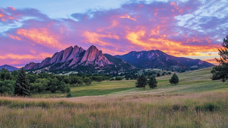 An early morning view of rugged mountain silhouettes against a colorful sunrise, with soft clouds reflecting warm colors, capturing the beauty of nature's awakeningの素材