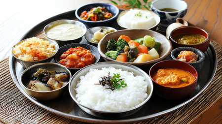 A beautifully arranged thali (Indian platter) featuring a variety of curries, rice, roti, and chutneys, offering a complete Indian meal experience on a traditional metal plate.の素材