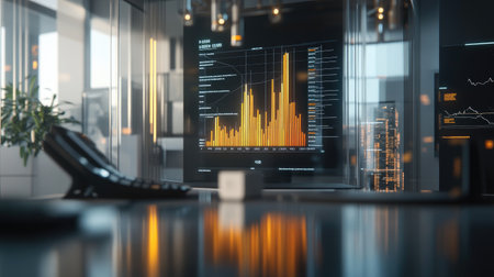 A 3D financial chart with rising bars and line graphs, each labeled with financial metrics, floating above a digital interface in a modern office environment.の素材
