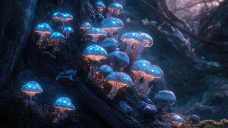 A captivating image of bioluminescent mushrooms growing in clusters on a tree trunk, their luminous glow attracting the attention of curious forest creatures.の素材