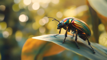 A beautiful close-up of a colorful beetle perched on a leaf, showcasing its iridescent colors and fine details, set against a blurred garden backdrop.の素材