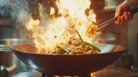 A chef skillfully cooking pad thai in a wok over high heat, with flames rising and fresh ingredients being tossed, emphasizing the art of Thai cooking in a vibrant kitchen setting.の素材