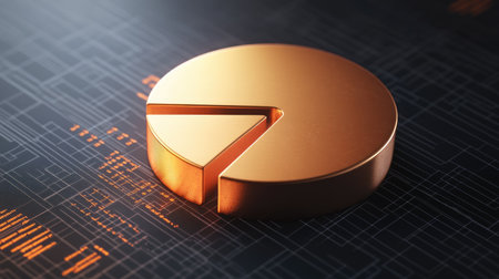 A close-up of a 3D pie chart with metallic segments, highlighted by dynamic lighting, set against a digital interface with real-time business metrics displayed.の素材