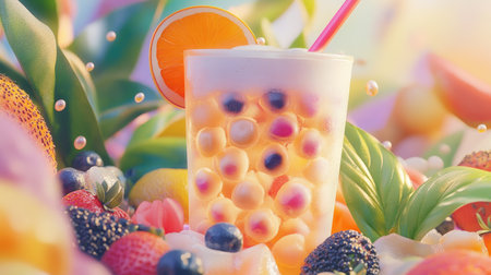 A close-up of a bubble tea cup with a wide straw, showcasing the delightful chewy tapioca pearls being sucked up, set against a colorful background of tea leaves and fruits.の素材