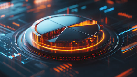 A close-up of a 3D pie chart with metallic segments, highlighted by dynamic lighting, set against a digital interface with real-time business metrics displayed.の素材