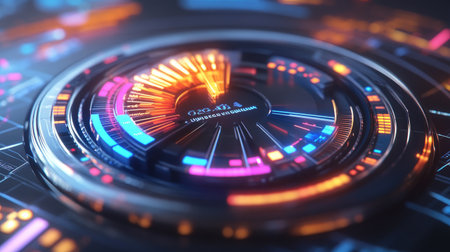 A close-up of a 3D pie chart with metallic segments, highlighted by dynamic lighting, set against a digital interface with real-time business metrics displayed.の素材