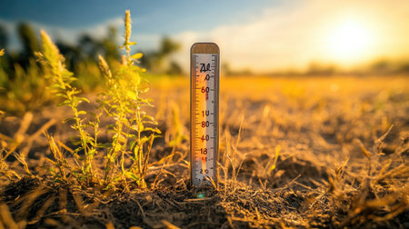 A close-up of a thermometer displaying extremely high temperatures, surrounded by wilted plants and dry grass, emphasizing the urgency of climate change awarenessの素材
