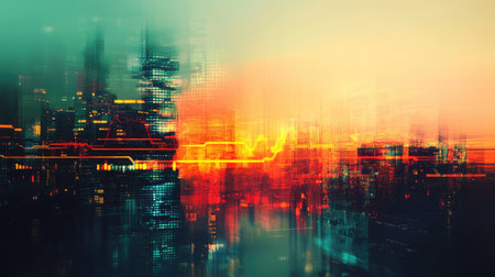 A creative composition featuring a stock market graph overlaid on a blurred city skyline, symbolizing the connection between urban development and financial growth.の素材