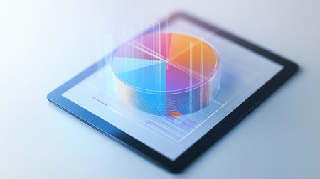 A creative 3D pie chart with transparent glass-like sections, floating above a tablet screen, representing clear and concise data analysis in a business environment.の素材