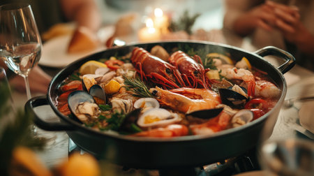 A close-up shot of a bubbling hot pot filled with assorted seafood, vegetables, and spices, set on a dining table, inviting guests to share a delicious meal together.の素材