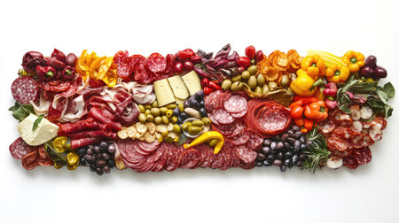 A colorful antipasto platter featuring cured meats, cheeses, olives, and marinated vegetables, artistically arranged on a white background, showcasing the variety of Italian flavorsの素材
