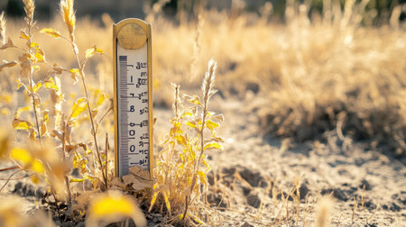 A close-up of a thermometer displaying extremely high temperatures, surrounded by wilted plants and dry grass, emphasizing the urgency of climate change awarenessの素材
