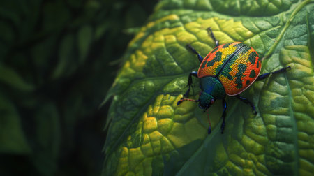 A vibrant beetle rests on a lush green leaf, displaying stunning color patterns and intricate textures. This macro shot captures the essence of nature's beauty.の素材