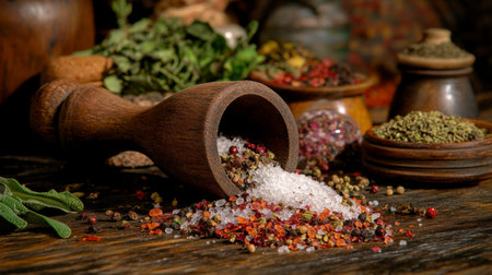 A rustic wooden mortar spills vibrant spices and sea salt onto a weathered table. Surrounding are jars of herbs and seasonings, enhancing culinary creativity.の素材