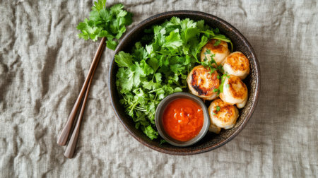 A delicious serving of savory dumplings garnished with fresh cilantro and paired with a spicy sauce. Perfect for a cozy meal or appetizer!の素材