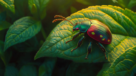 A stunning close-up of a vibrant beetle perched on a green leaf, showcasing intricate colors and patterns. This captivating scene highlights nature's beauty.の素材