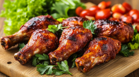 Savory grilled chicken drumsticks perfectly glazed with a flavorful sauce, garnished with fresh herbs and accompanied by cherry tomatoes and lettuce. Ideal for summer gatherings.の素材