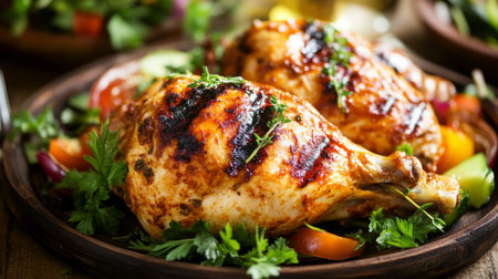 Indulge in this vibrant dish featuring beautifully grilled chicken legs served on a rustic wooden table, surrounded by fresh vegetables and aromatic herbs.の素材
