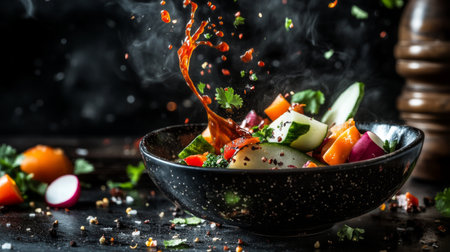 A vibrant salad bursting with fresh vegetables and a dramatic chili splash. Perfect for healthy meal ideas, culinary presentations, and summer recipes.の素材