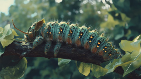 A detailed close-up of a caterpillar resting on a twig, surrounded by green leaves, highlighting its textures and patterns as it prepares for transformation.の素材