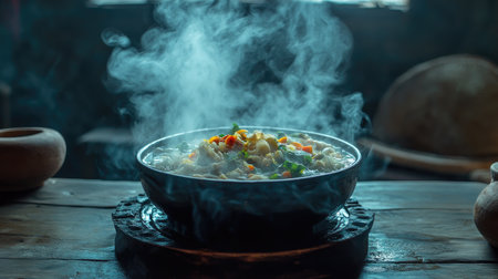 A dramatic image of a steaming hot pot filled with rich broth and colorful ingredients, set against a dark wooden table for an intimate dining atmosphere.の素材
