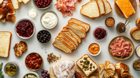A dynamic overhead view of a toasting station with different types of bread, toppings, and spreads ready for customization, emphasizing the fun of creating personalized toast.の素材