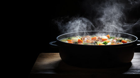 A dramatic image of a steaming hot pot filled with rich broth and colorful ingredients, set against a dark wooden table for an intimate dining atmosphere.の素材
