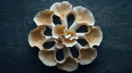 A creative shot of king oyster mushrooms arranged in a circular pattern on a dark slate background, showcasing their unique shapes and textures for a food styling effect.の素材