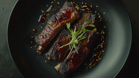 Succulent barbecue ribs glazed with a tangy sauce, garnished with fresh herbs, presenting a rich, smoky flavor that enhances the dining experience. Ideal for culinary enthusiasts!の素材