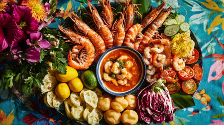 A beautifully arranged seafood platter featuring shrimp, fresh vegetables, and vibrant flowers, perfect for a tropical dining experience. Rich in flavors.の素材