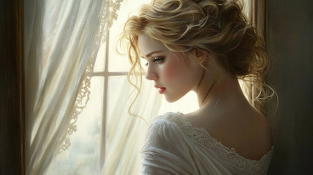 A serene portrait of a beautiful woman gazing thoughtfully by a sunlit window. Soft drapes frame her delicate features, capturing a moment of elegance and tranquility.の素材