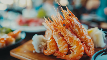 A vibrant display of freshly cooked shrimp piled on a wooden board, showcasing a delicious seafood meal. Perfect for food enthusiasts and dining experiences.の素材