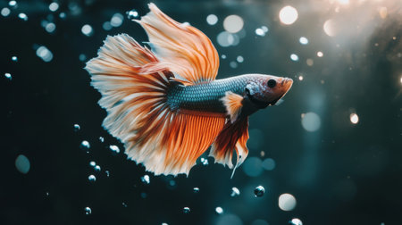 A visually stunning betta fish gracefully swims through bubbles in an aquarium, showcasing its vibrant colors and exquisite fins in a captivating aquatic scene.の素材