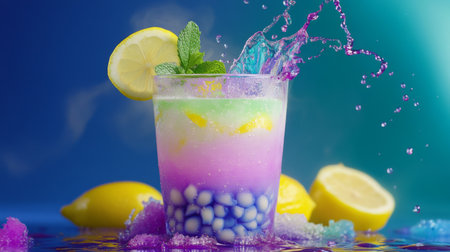 A vibrant drink with colorful layers and splashes, garnished with lemon and mint, perfect for summer parties. Captivating visual appeal and refreshing taste.の素材