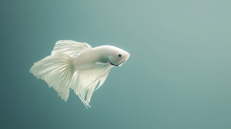 A striking image of a graceful white betta fish swimming serenely in calm water, showcasing its delicate fins and tranquil nature, perfect for aquatic themes.の素材