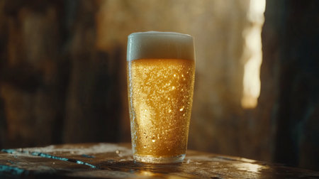 A refreshing glass of cold beer filled with bubbles and foam sits on a natural wooden surface, inviting enjoyment and relaxation. Perfect for gatherings.の素材