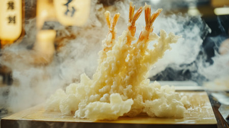 Indulge in this captivating image of tempura shrimp emerging from a cloud of steam. Perfect for culinary enthusiasts, this photo captures the artistry of traditional cooking.の素材