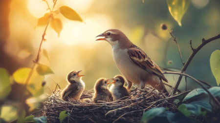 A serene scene of a mother bird feeding her hungry chicks in a cozy nest surrounded by vibrant greenery, capturing the essence of nature's nurturing moments.の素材