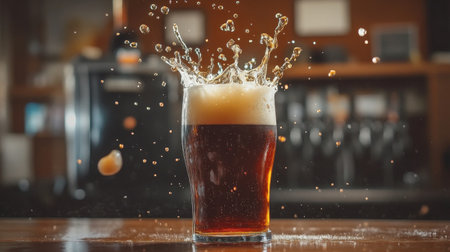 A captivating image of a beer glass with an impressive splash and foam, capturing the essence of refreshment and enjoyment in a lively bar setting.の素材