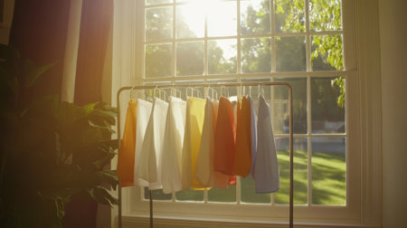 A vibrant display of colorful clothing hanging gracefully by a sunlit window, showcasing a blend of style and comfort. Perfect for themes of home decor and fashion.の素材