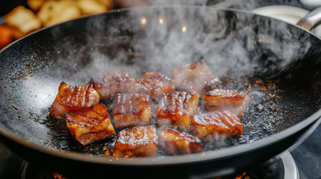 A captivating scene of grilled meat sizzling in a frying pan, surrounded by smoke. This image showcases the art of cooking, highlighting the delicious details of each savory piece. Perfect for culinary enthusiasts or food-related content.の素材