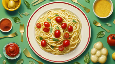 A beautifully styled plate of spaghetti topped with fresh tomatoes and basil, surrounded by vibrant ingredients and utensils on a colorful background. Perfect for culinary inspiration.の素材